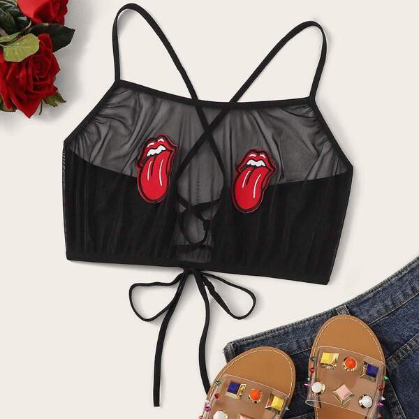 Plus Mouth Patched Lace-up Sheer Bralette, Black