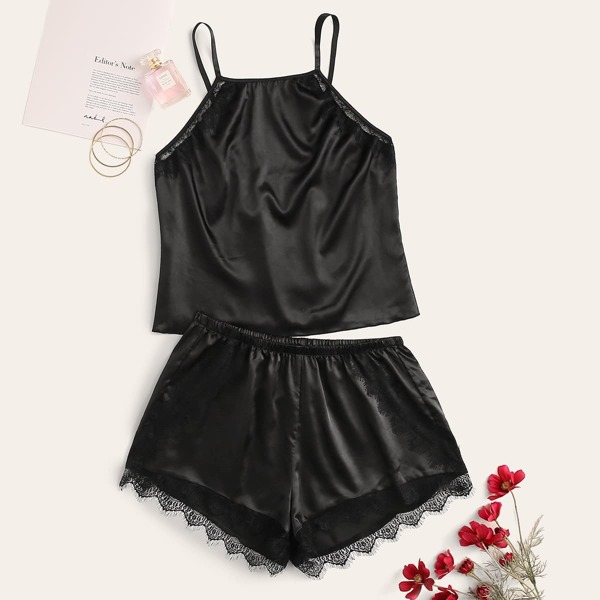 

Plus Lace Trim Satin Pajama Set