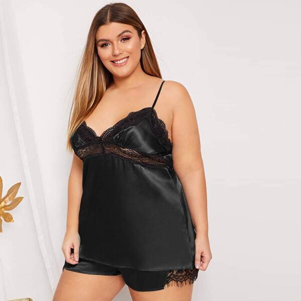 

Plus Contrast Lace Cami Top With Shorts, Black