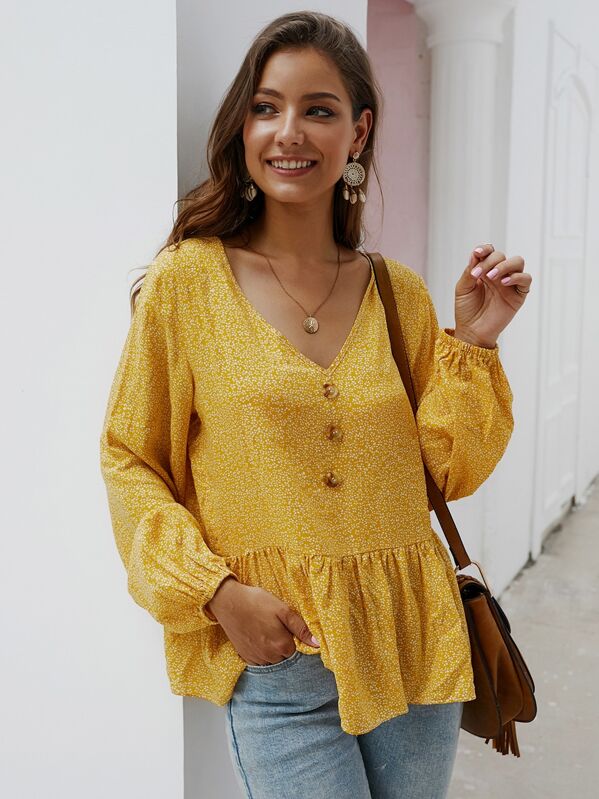 

Ditsy Floral Ruffle Hem Babydoll Blouse, Yellow