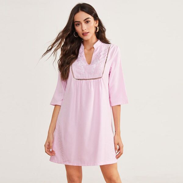 

Notched Neck Floral Embroidery Stripe Dress, Pink