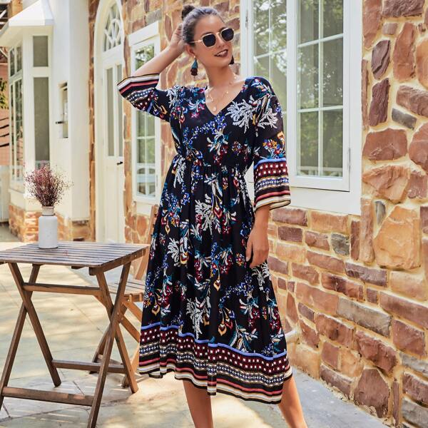 

V-neck Ditsy Floral Tribal Print Dress