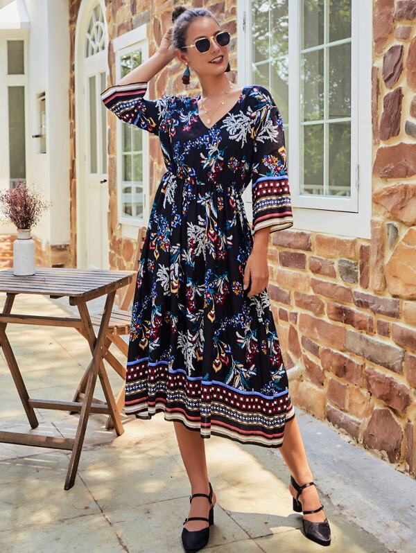 

V-neck Ditsy Floral Tribal Print Dress, Multicolor