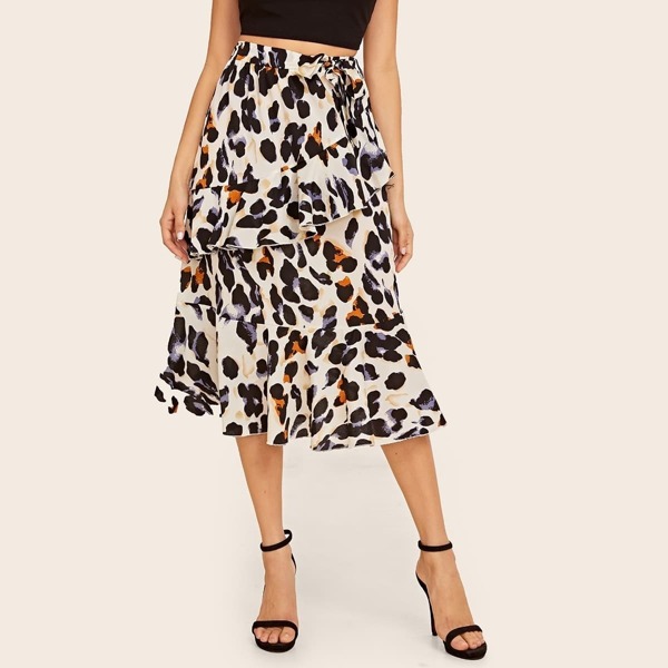 

Leopard Print Tie Side Ruffle Hem Skirt
