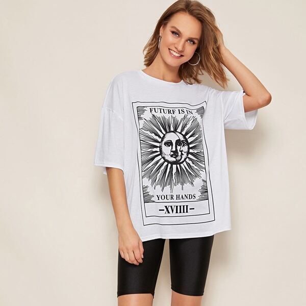 

Drop Shoulder Letter & Sun Print Tee, White