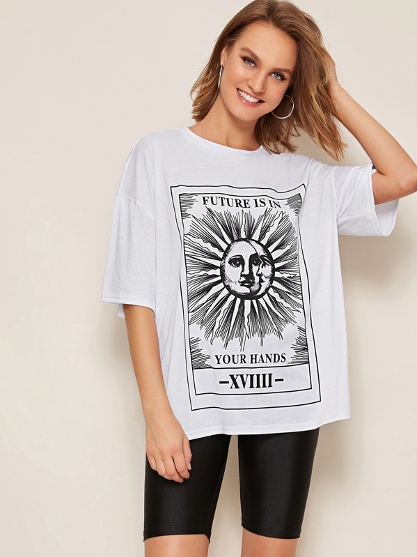 

Drop Shoulder Letter & Sun Print Tee, White, Rasa