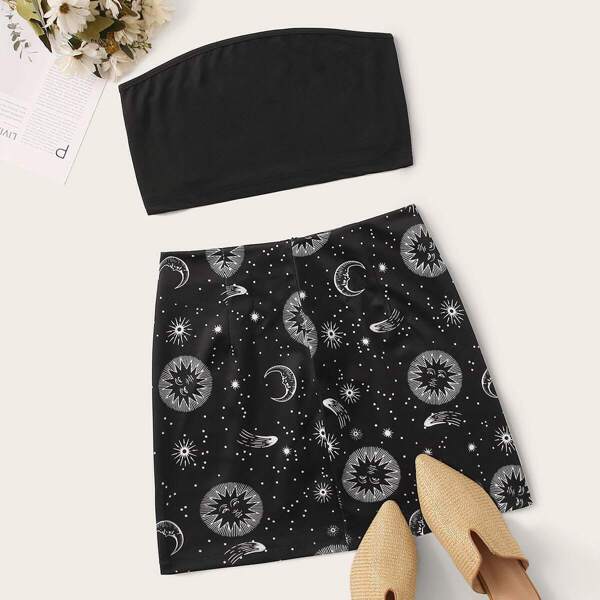 

Solid Tube Top & Galaxy Print Skirt, Black