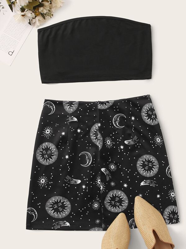 

Solid Tube Top & Galaxy Print Skirt, Black