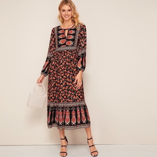 

Tribal Tie Front Bishop Sleeve Dress, Multicolor