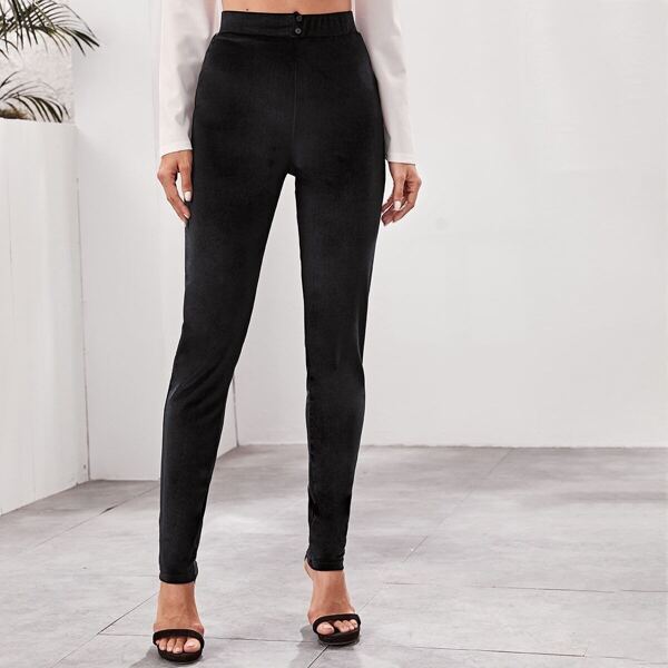 

Solid Button Front Velvet Leggings