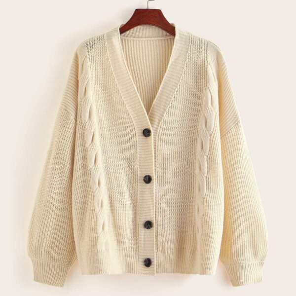 

Button Front Drop Shoulder Cable Cardigan, Beige pastel