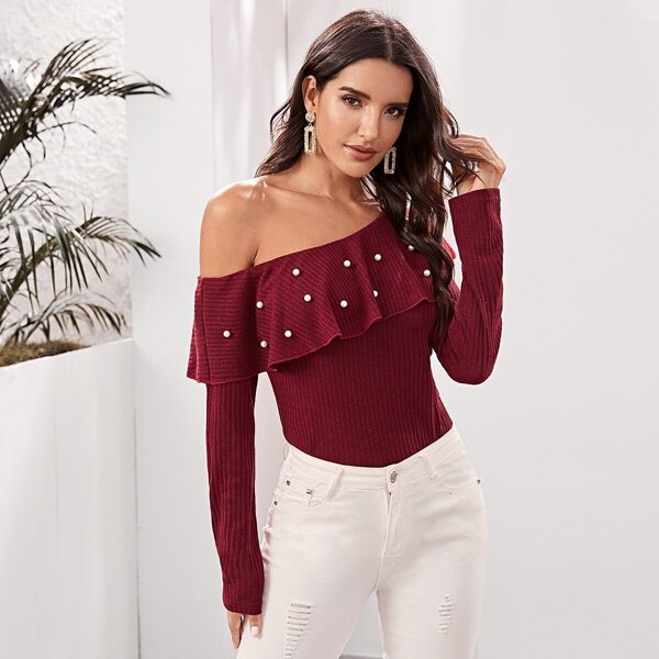 

Asymmetrical Neck Pearls Ruffle Trim Sweater, Burgundy