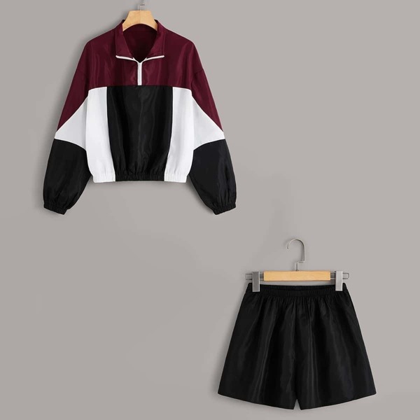 

Zip Front Colorblock Windbreaker Jacket and Track Shorts Set, Multicolor