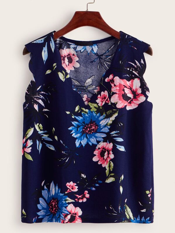 

Floral Print Scallop Trim Top, Navy