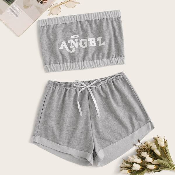 

Letter Graphic Bandeau With Shorts PJ Set, Grey