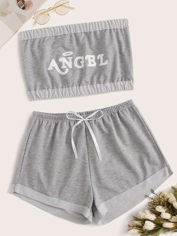 

Letter Graphic Bandeau With Shorts PJ Set, Grey