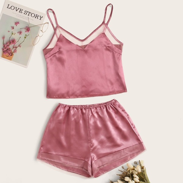 

Contrast Mesh Satin Cami Pajama Set