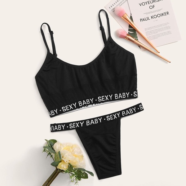 

Letter Tape Trim Lingerie Set