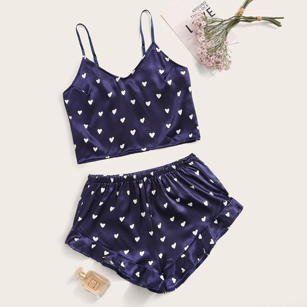 

Heart Print Satin Cami With Ruffle Shorts, Navy