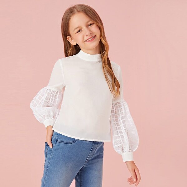 

Girls Keyhole Back Lantern Sleeve Blouse, White