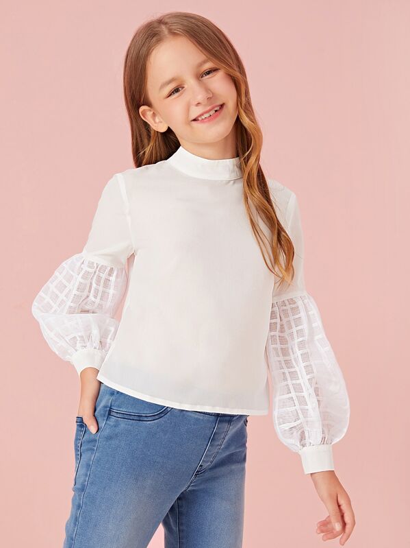

Girls Keyhole Back Lantern Sleeve Blouse, White, Sashab