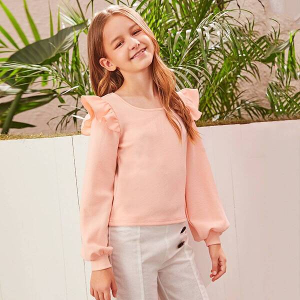 

Girls Ruffle Trim Lantern Sleeve Top