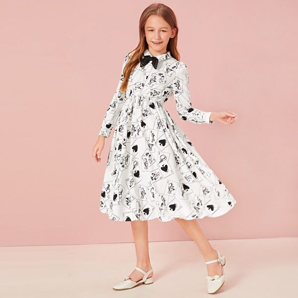 

Girls Poker Print Bow Tied Neck Dress, White