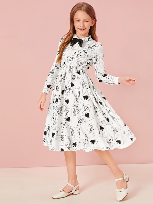 

Girls Poker Print Bow Tied Neck Dress, White