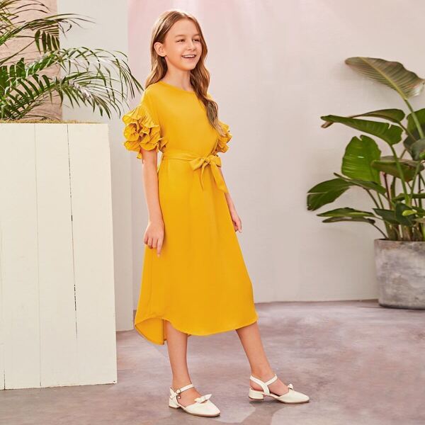 

Girls Solid Ruffle Trim Keyhole Back Belted Dress