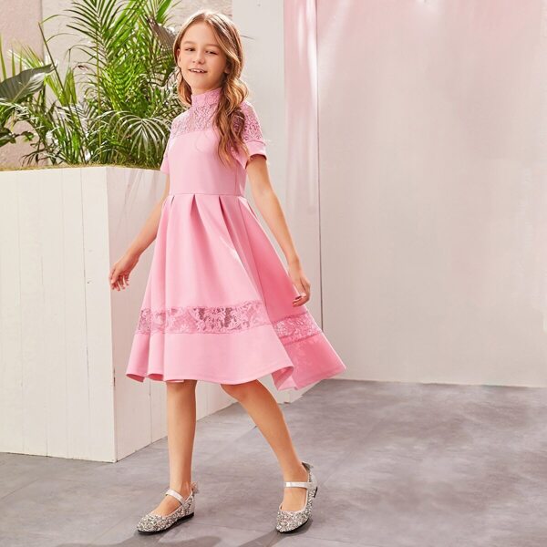 

Girls Lace Insert Fit & Flare Dress, Pink pastel