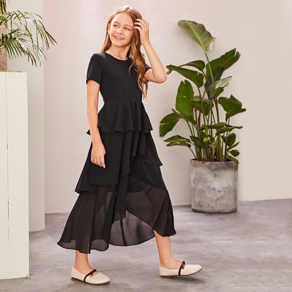 

Girls Solid Tiered Layered Asymmetrical Hem Dress, Black