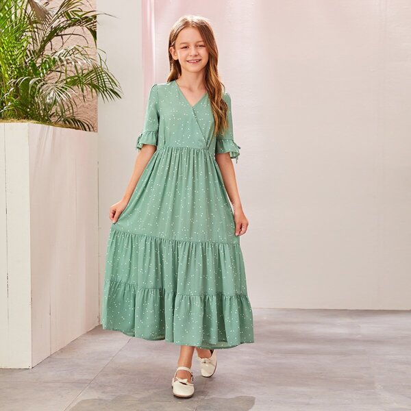 

Girls Surplice Neck Layered Ruffle Hem Dress
