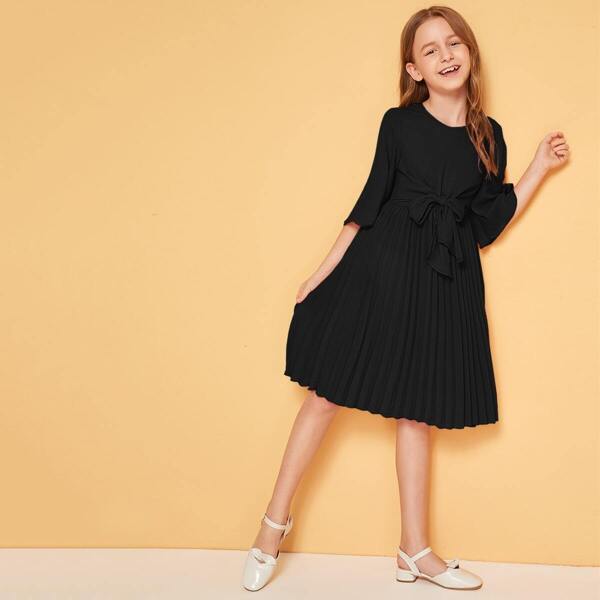 

Girls Tie Front Pleated Dress, Black