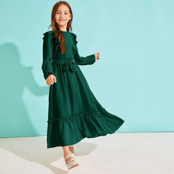 

Girls Solid Ruffle Hem Belted Dress, Green