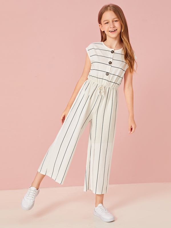 

Girls Buttoned Tie Front Wide Leg Striped Jumpsuit, White, Sashab