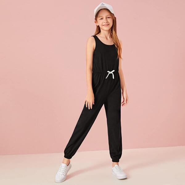 

Girls Drawstring Waist Tank Jumpsuit, Black