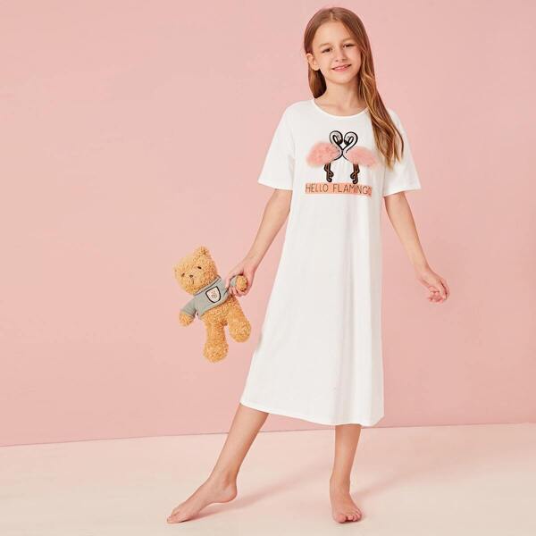 

Girls Faux Fur Detail Flamingo Embroidery Slogan Nightdress
