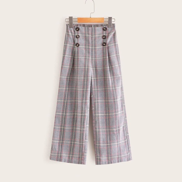 

Girls Button Detail Seam Front Plaid Pants