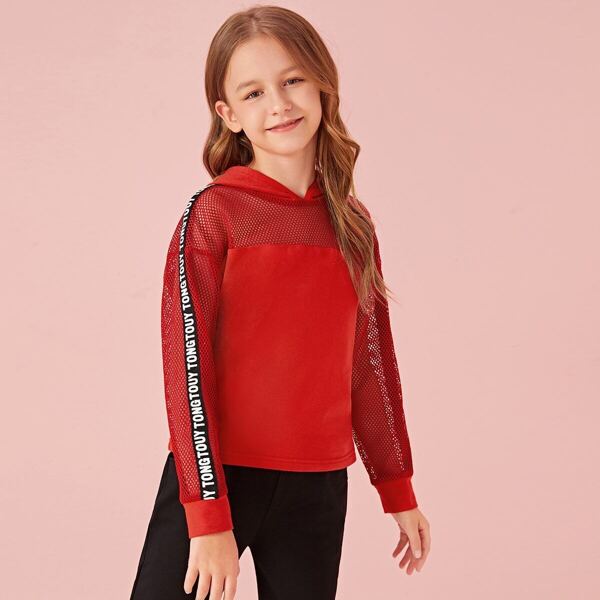 

Girls Letter Tape Side Fishnet Insert Hoodie, Red bright