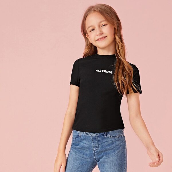 

Girls Mock-neck Letter Print Rib-knit Tee