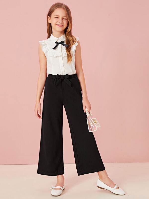 

Girls Ruffle Trim Blouse & Knotted Wide Leg Pants Set, Black and white