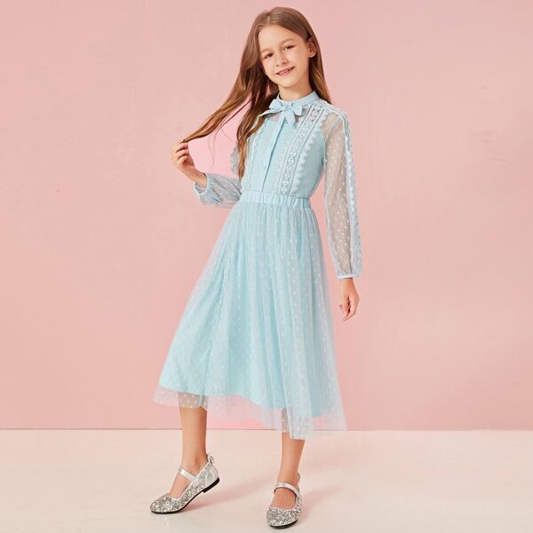 

Girls Bow Detail Dobby Mesh Overlay Top & Skirt Set, Blue pastel