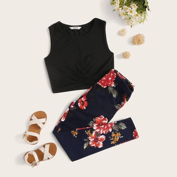 

Girls Twist Hem Tank Top and Floral Leggings Set