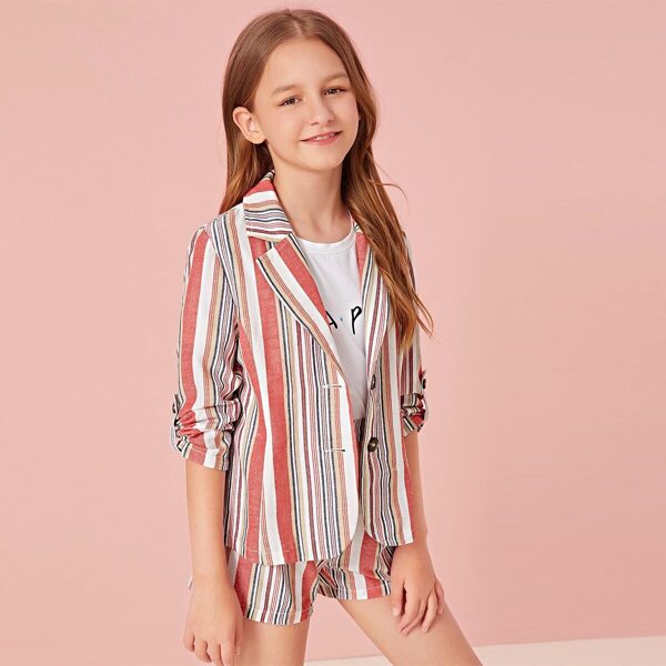 

Girls Notched Collar Roll-up Sleeve Striped Blazer & Shorts Set, Multicolor