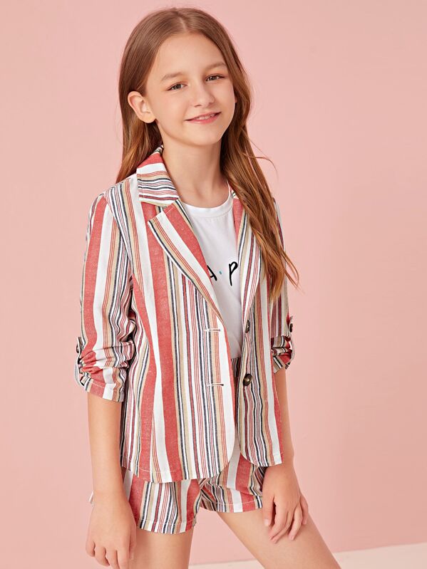 

Girls Notched Collar Roll-up Sleeve Striped Blazer & Shorts Set, Multicolor, Sashab