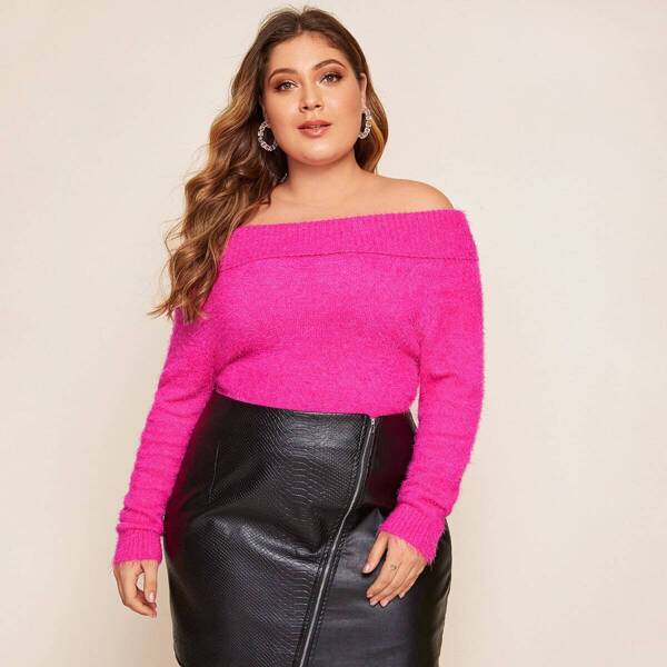 

Plus Solid Off Shoulder Sweater, Pink bright