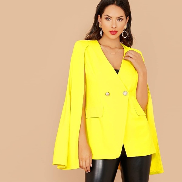 

Neon Yellow Double Button Cape Blazer, Yellow bright