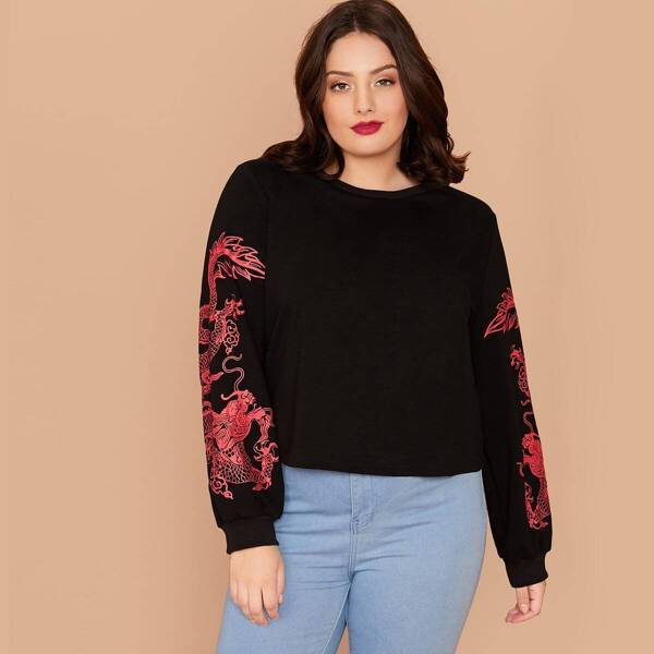 

Plus Dragon Print Pullover, Black