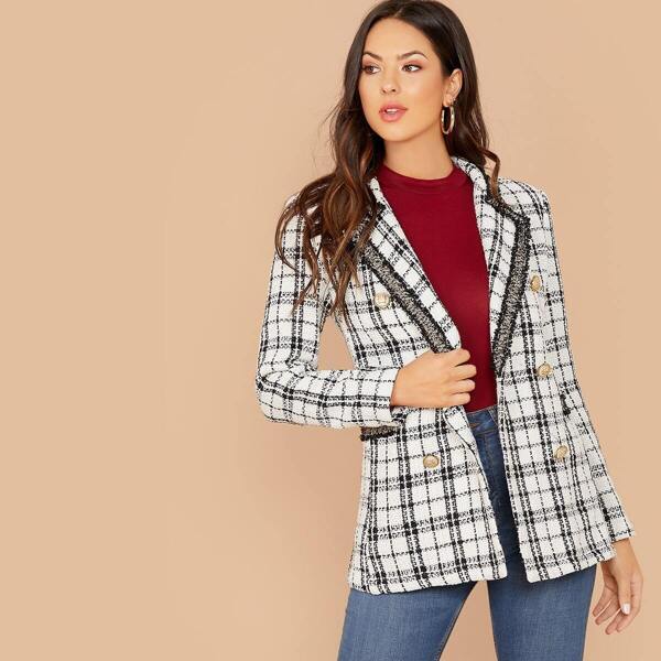 

Notch Collar Double Breasted Plaid Tweed Blazer, White