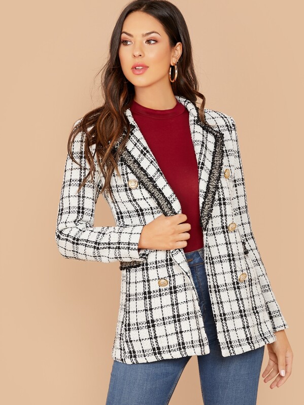 

Notch Collar Double Breasted Plaid Tweed Blazer, White, Christen Harper